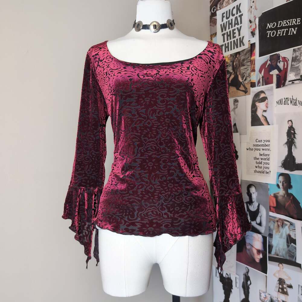 Burnout Velvet Flared Sleeve Vampy Top